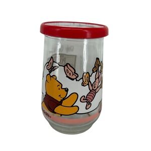 Vintage Welchs Winnie the Pooh Piglet Jelly Jar Glass Juice Cup with Red Lid